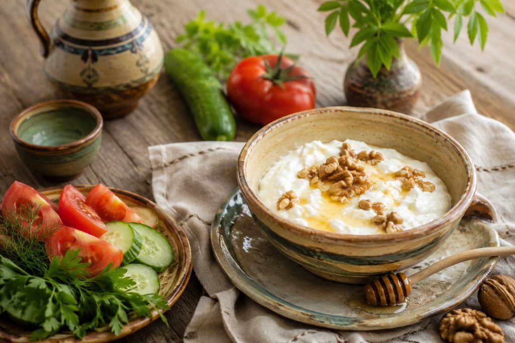 A bowl of traditional Bulgarian yogurt with honey and walnuts beside fresh garden vegetables