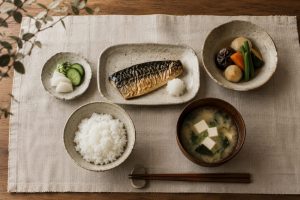 A traditional Japanese ichiju-sansai home meal: rice, miso soup, grilled fish and side dishes
