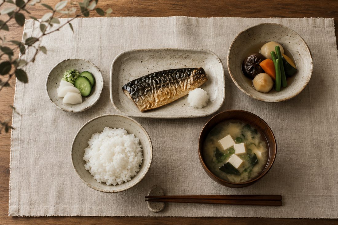 ご飯、味噌汁、魚、副菜が並ぶ伝統的な一汁三菜の食事