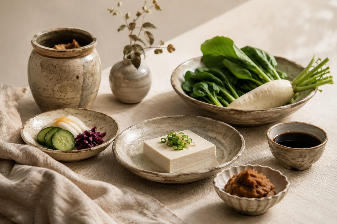 Japanese fermented foods and seasonal vegetables on ceramic