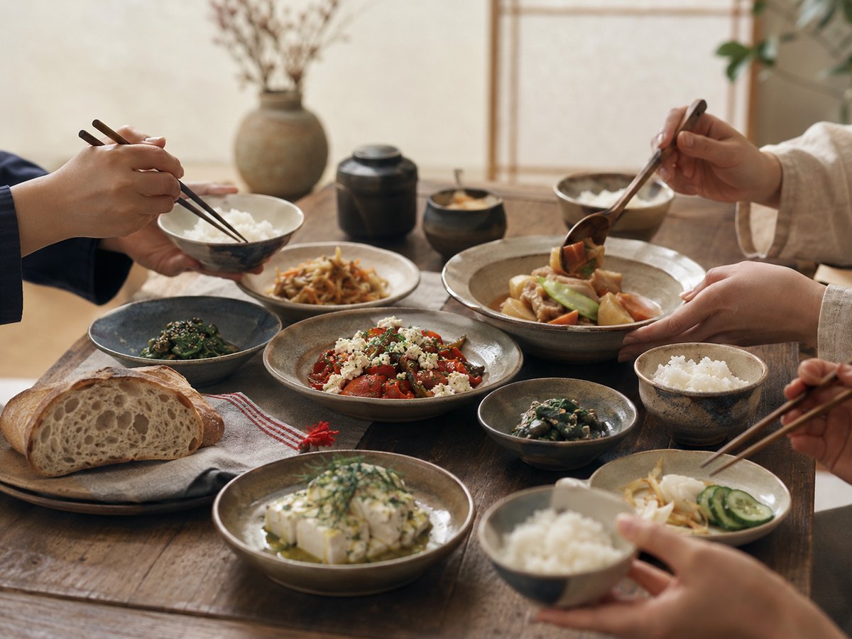 A shared table of Bulgarian and Japanese home dishes on handmade ceramics