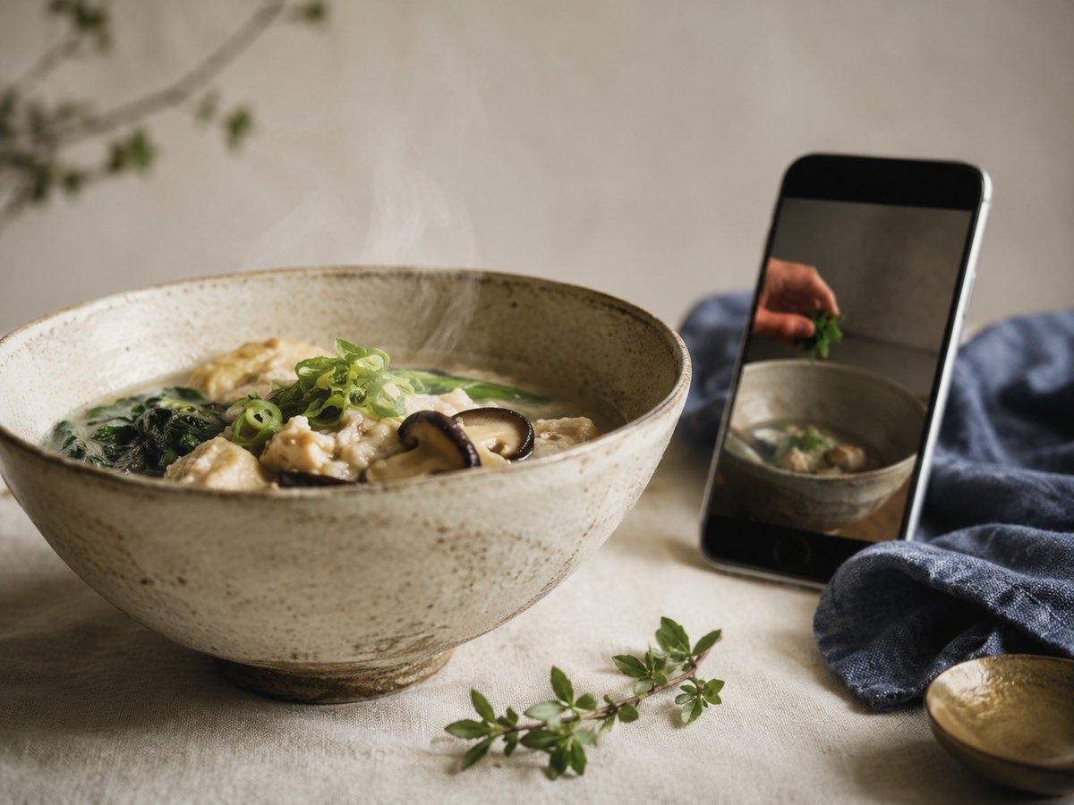A bowl of home-cooked food beside a tablet showing a recipe step